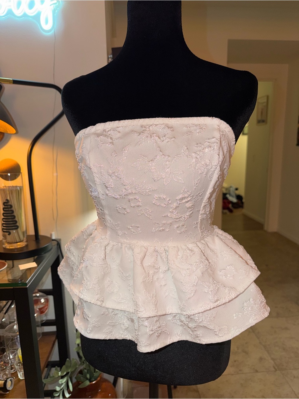 Strapless Embroidered Peplum Lace Evening Dress Top - White